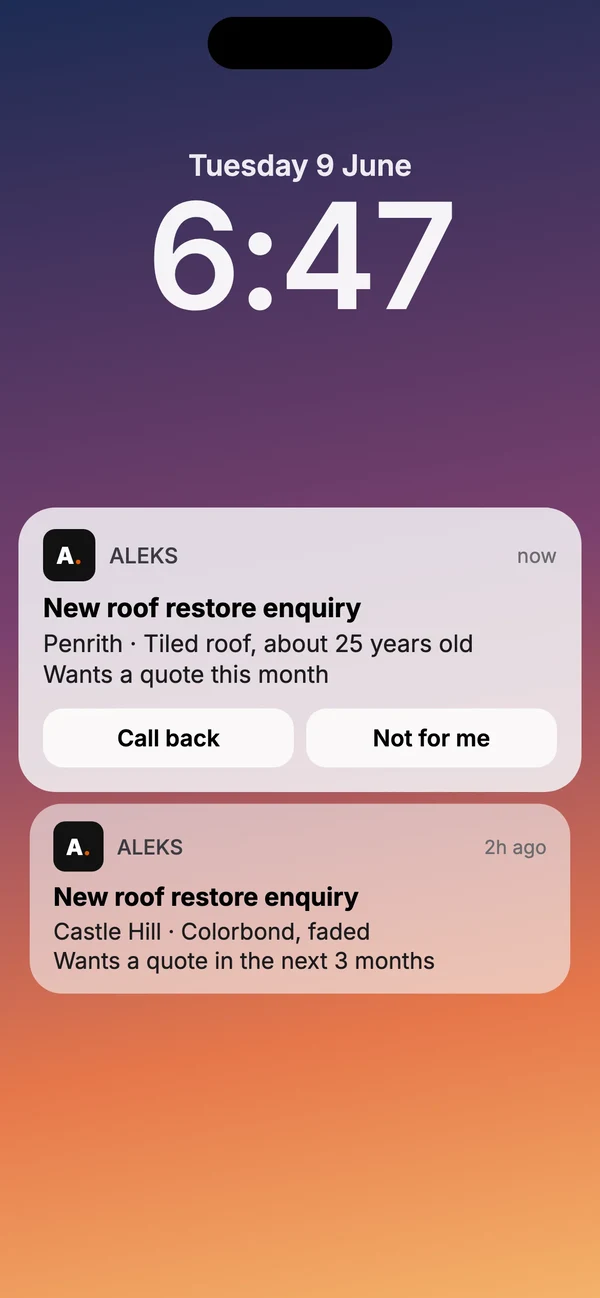 The lead alert on a phone: a new roof restore enquiry