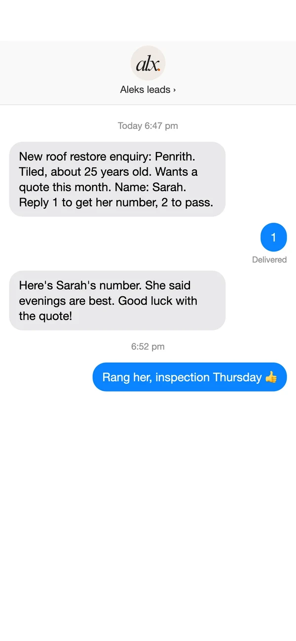 A text with the homeowner's answers, and the roofer booking an inspection