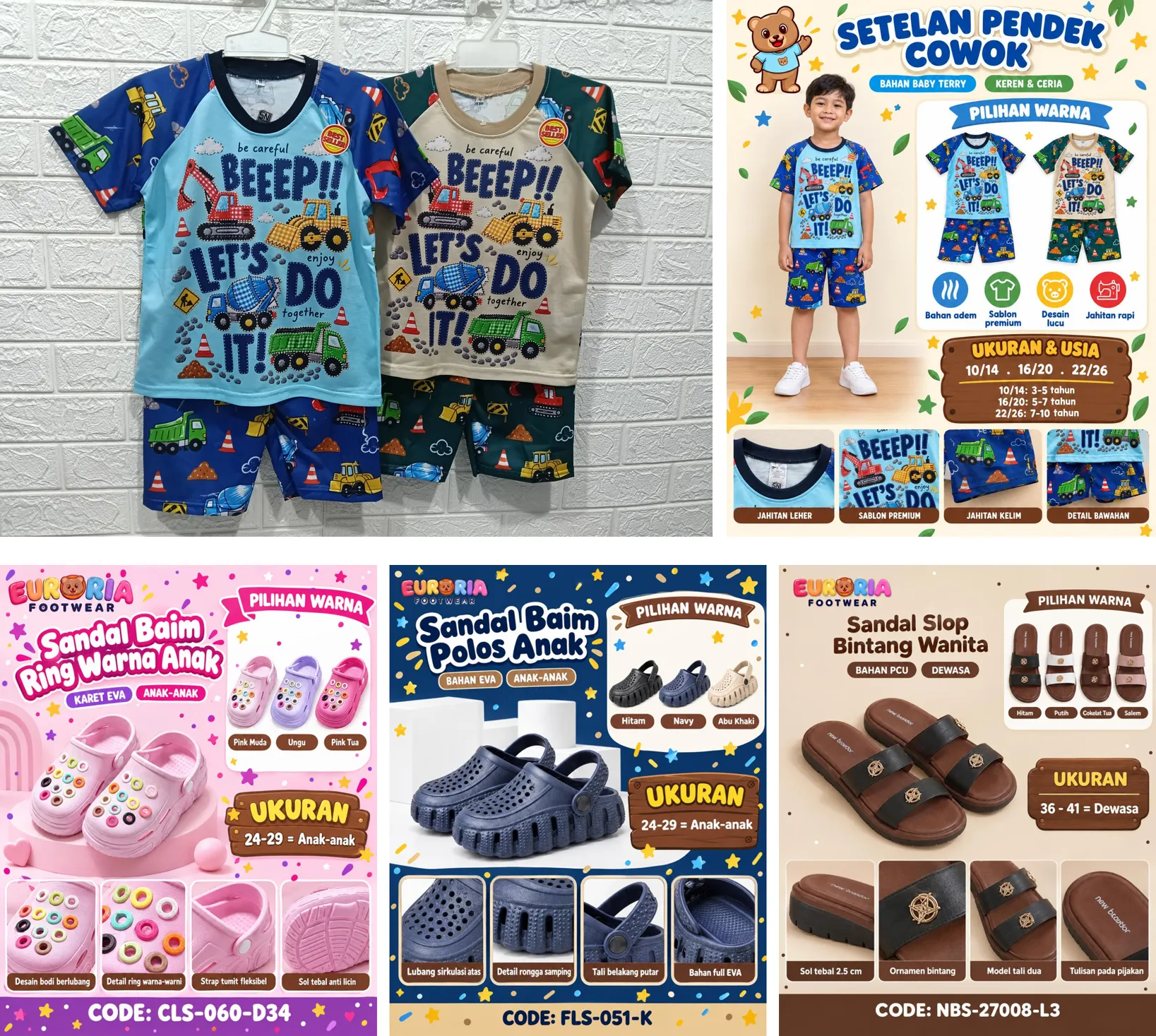 Atas: foto tim untuk setelan anak dua warna di hanger, di sebelah lembar produk yang dibikin AI dari foto itu. Bawah: tiga kartu produk sendal Euroria dengan sendalnya, pilihan warna, ukuran, foto detail, dan kode produk.